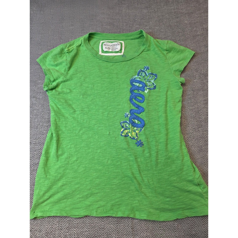 Aeropostale T-Shirt Women's XL Vibrant Green Embroidered Short Sleeve Crew Neck